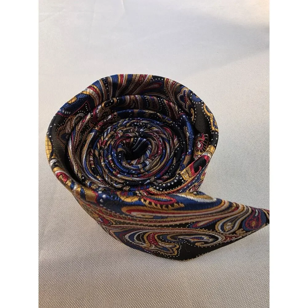 Classic Vintage Men's Tie Bright Paisley Blue Gold 100% Silk Jacquard Woven